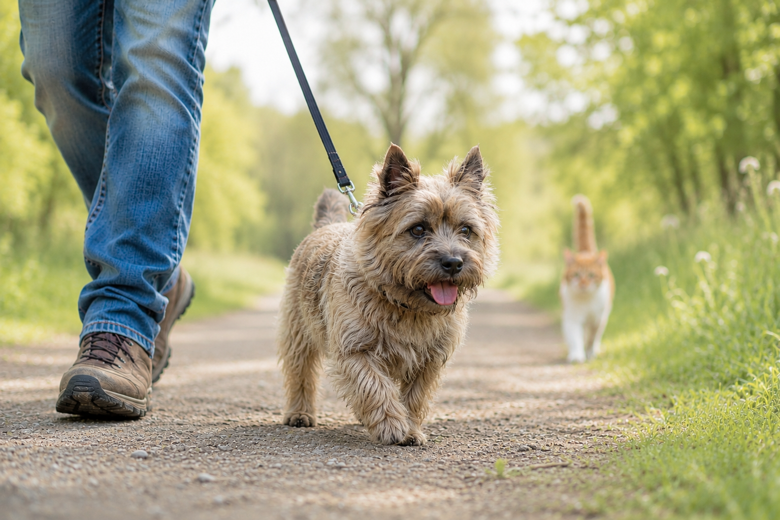 A dog on a lead on a walk