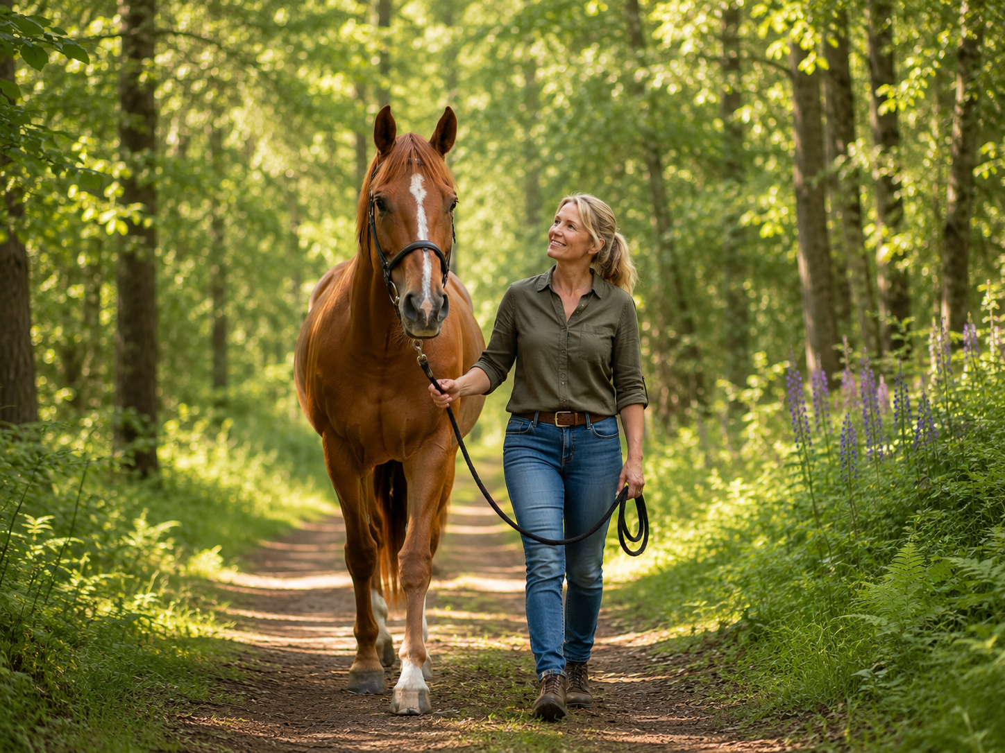 Woman leading a horse in the forest