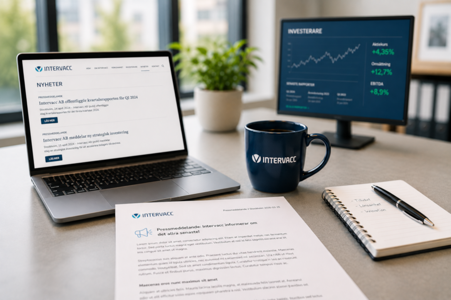En dator som visar information från Intervacc, bredvid står en kaffekopp och ett pressmeddelande i pappersform