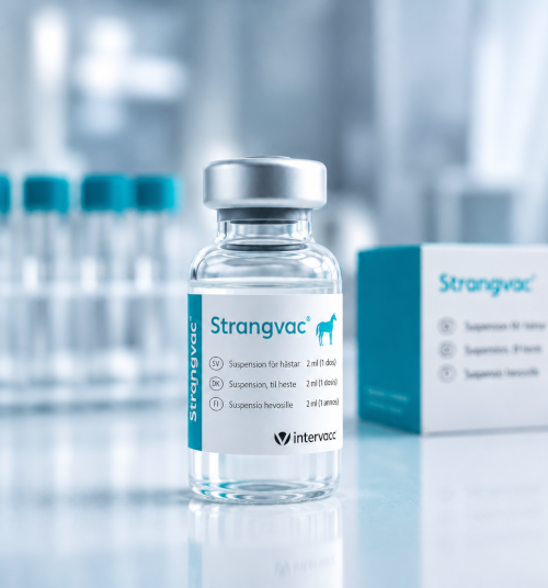 Blåvit Strangvac-vial web En vial med Strangvac i en labbmiljö