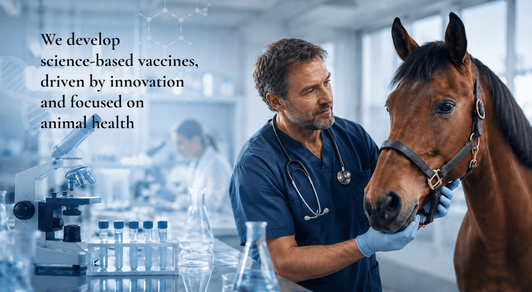 Intro english A veterinarian stands by a horse, a lab environment is in the background
