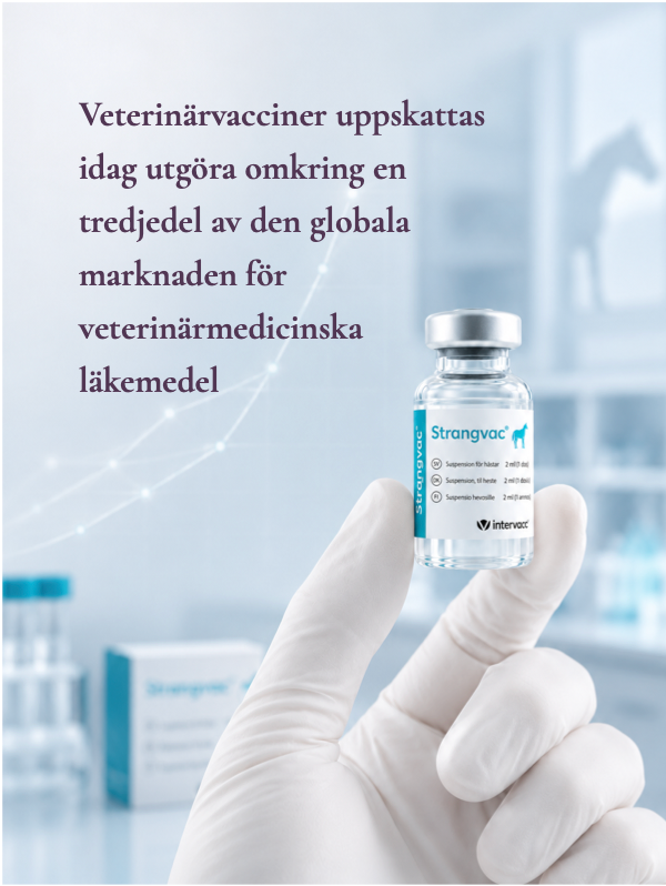 En hand håller i en medicinflaska, i bilden finns texten Veterinära vacciner uppskattas idag utgöra omkring en tredjedel av den globala marknaden för veterinärmedicinska läkemedel